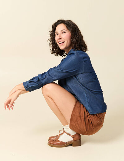 Chemise &agrave; pans manches longues en coton denim stone femme