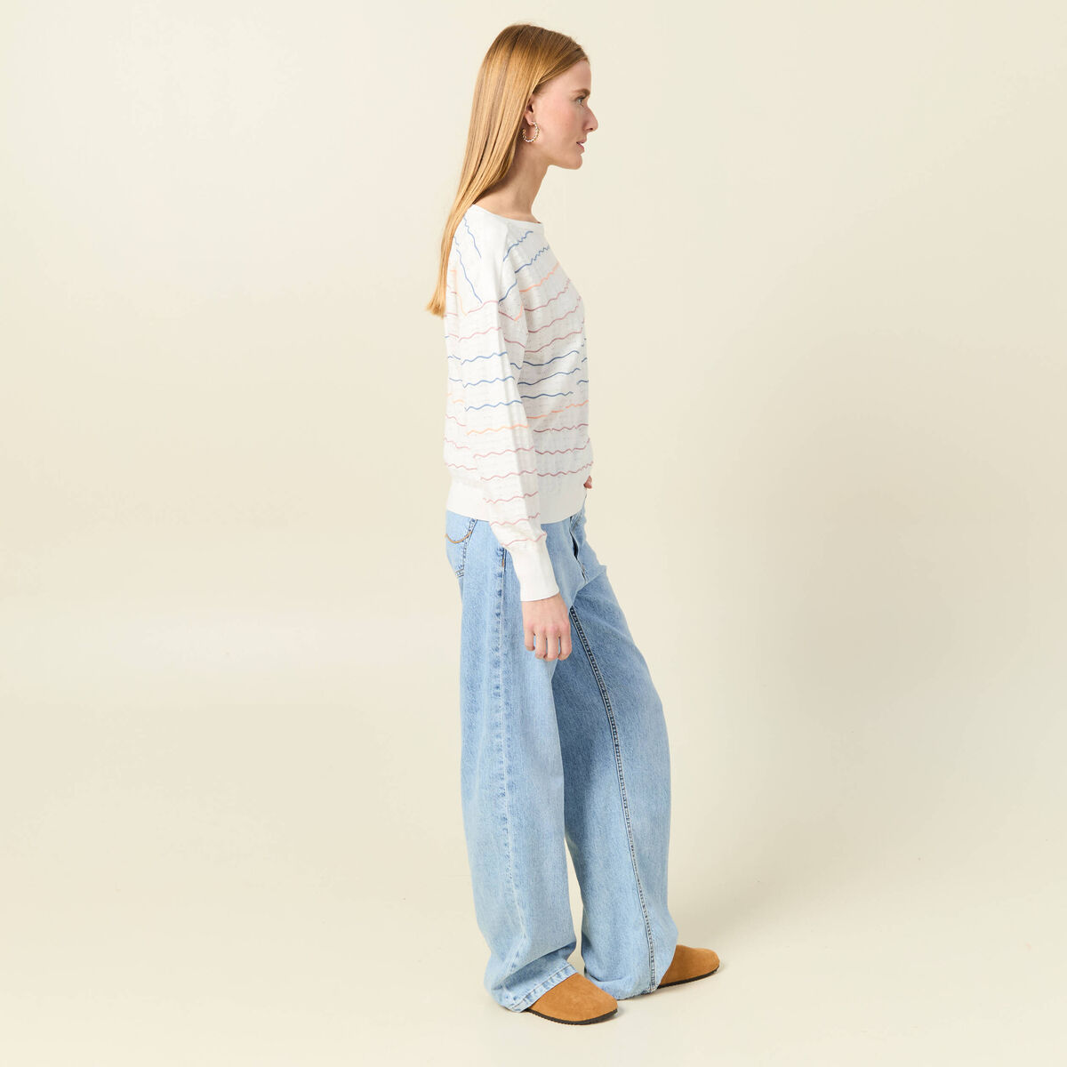 Pull manches longues ajouré ecru femme
