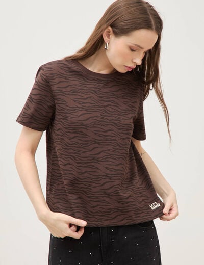 T-shirt droit col rond manches courtes marron chocolat femme