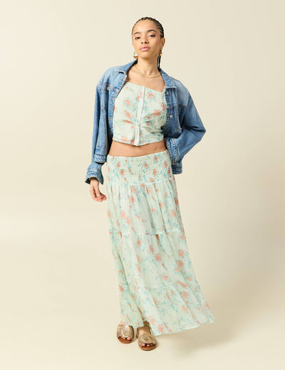 Jupon taille haute doubl&eacute; fluide vert pastel femme