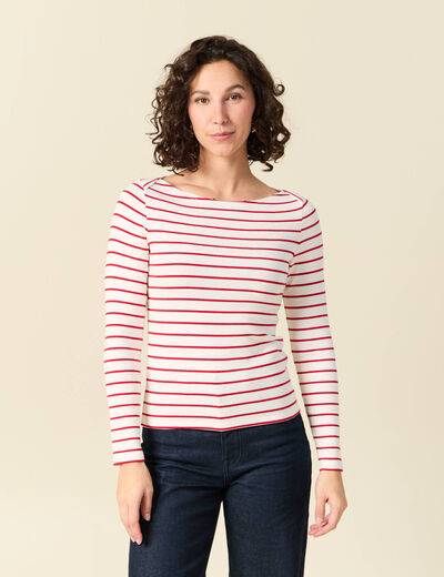 T-shirt ray&eacute; ajust&eacute; manches longues rouge femme