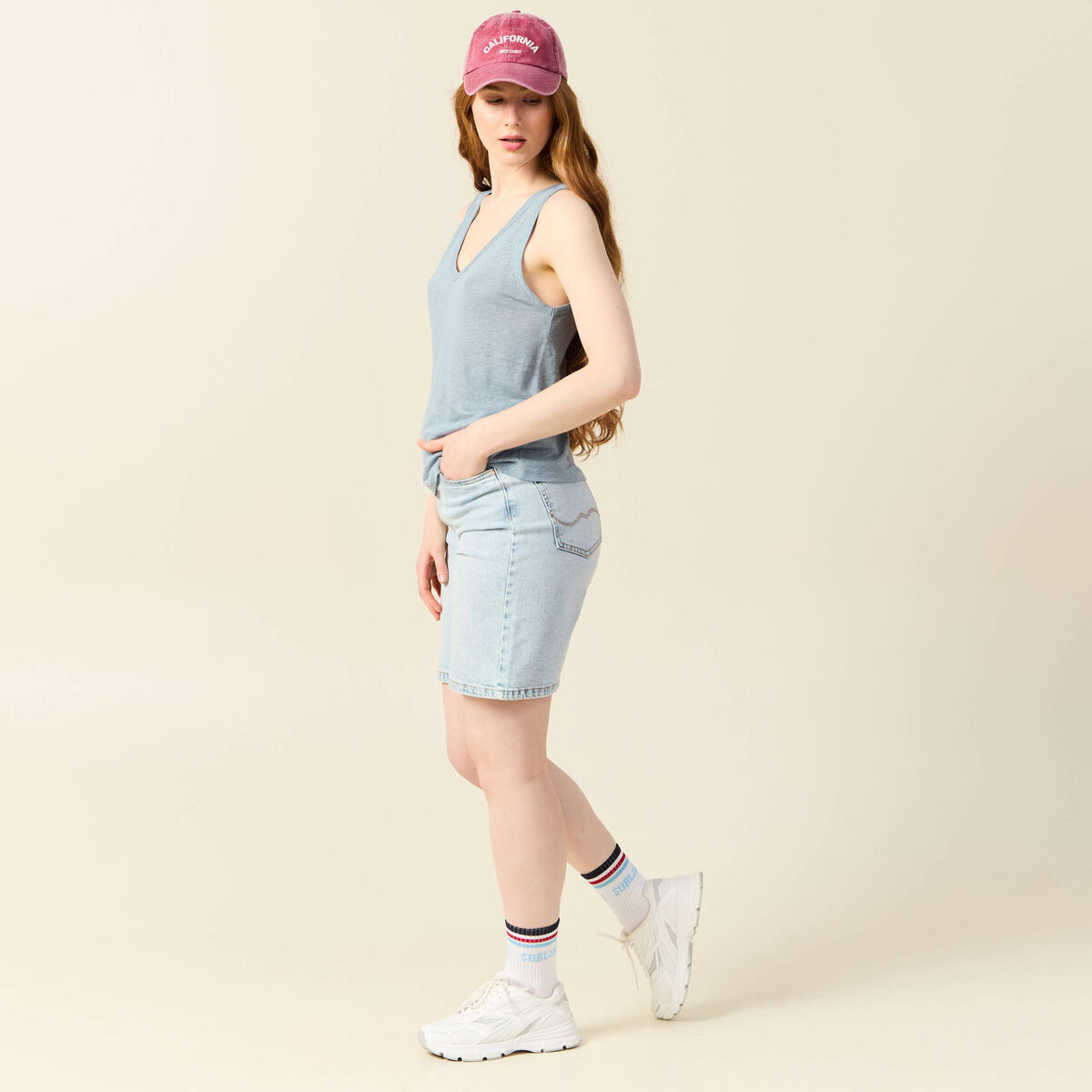 Débardeur sans manches en lin bleu gris femme