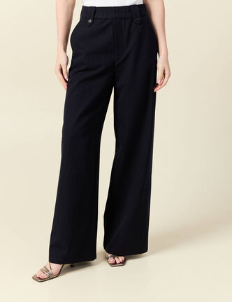 Pantalon large taille haute fluide bleu marine femme