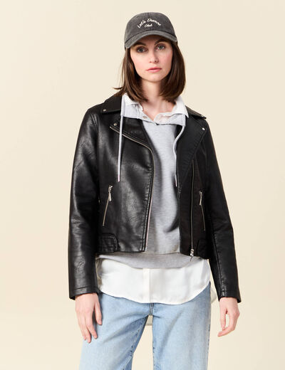 Blouson biker simili cuir noir femme