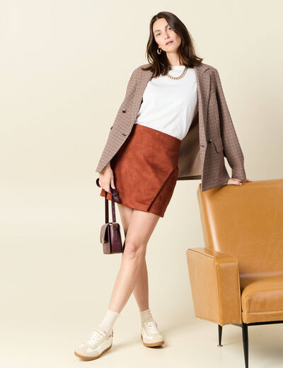 Jupe droite suédine marron cognac femme