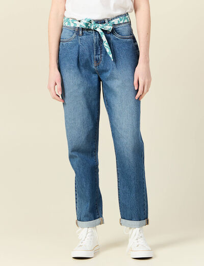 Jeans mom ceinture foulard denim stone femme