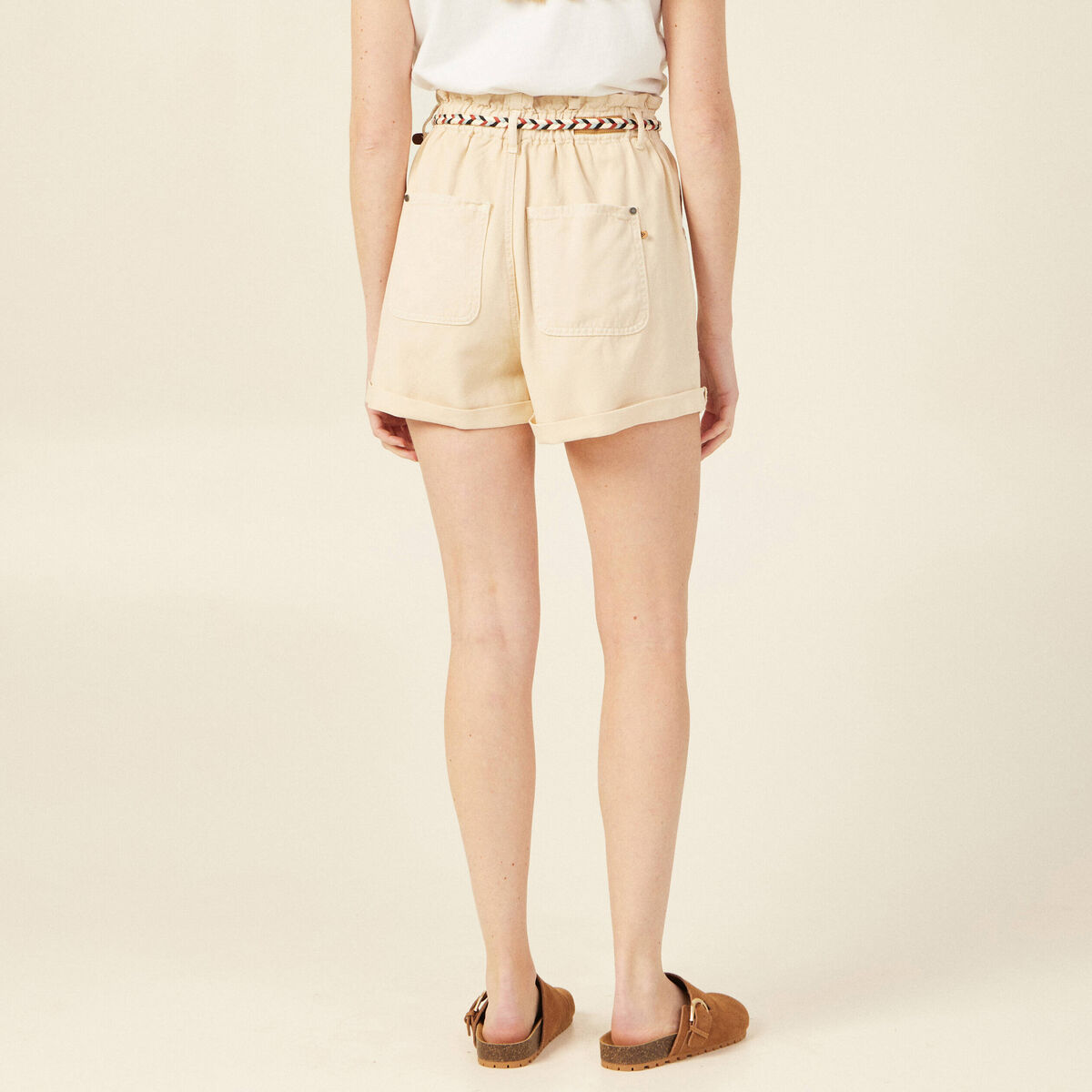 Short paperbag ceinturé creme femme