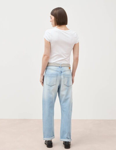 Jeans boyfriend ceintur&eacute; denim bleach femme