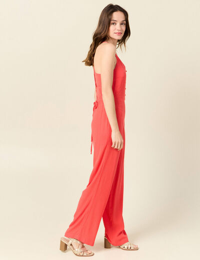 Combinaison pantalon bretelles rouge corail femme