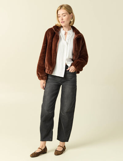 Jeans barrel 7/8&egrave;me avec ceinture denim gris femme