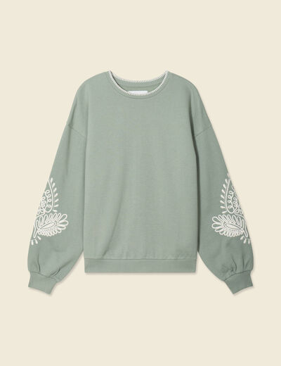 Sweat manches longues brodé vert kaki femme
