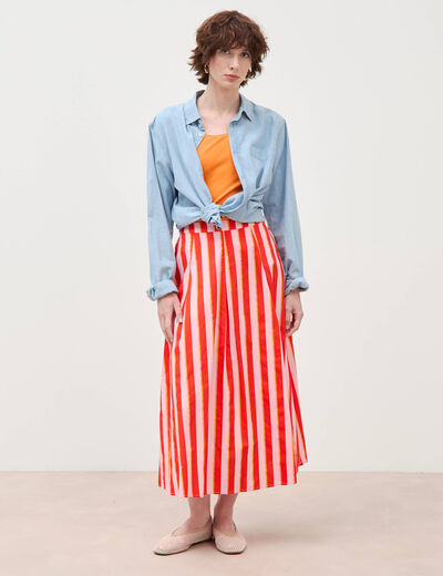 Jupe longue &eacute;vas&eacute;e en coton ray&eacute; orange corail femme