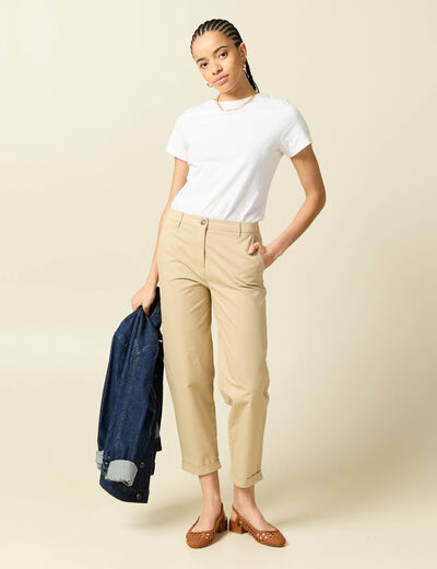 Pantalon taille haute fluide marron clair femme