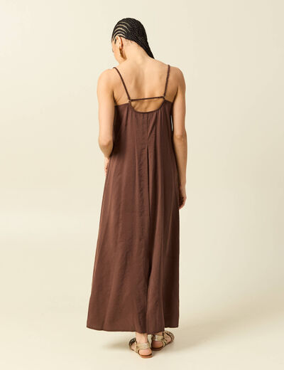 Robe bretelle col v fluide marron fonc&eacute; femme