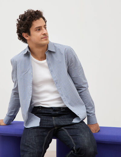 Chemise col am&eacute;ricain manches longues bleu gris homme