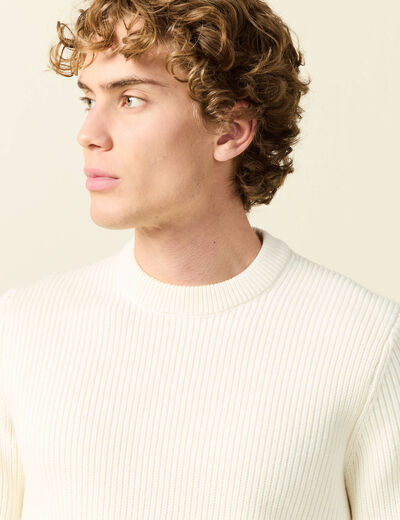 Pull fin manches longues col rond ecru homme