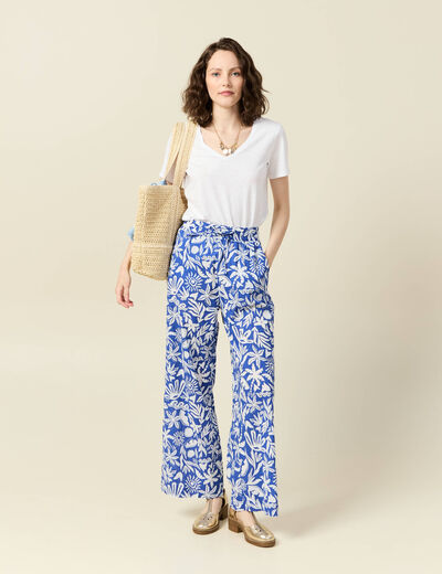 Pantalon large taille haute bleu femme
