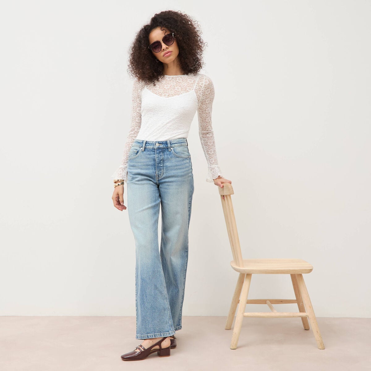 Jeans large taille haute bleu femme