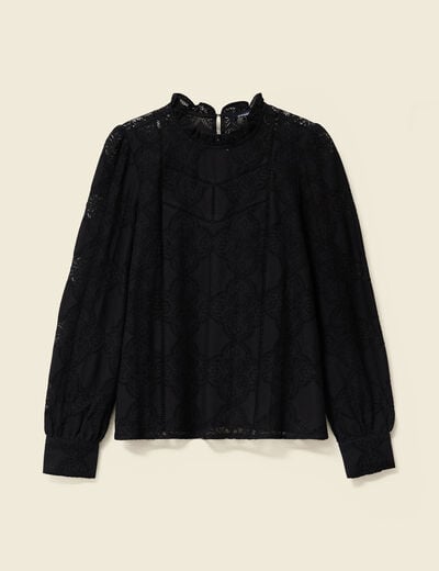 Blouse cintr&eacute;e dentelle manches longues noir femme