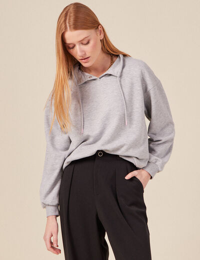 Sweat col camionneur boutonné gris femme