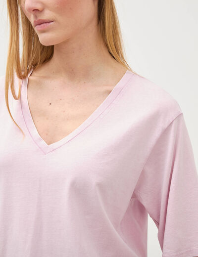 T-shirt col v manches courtes en coton parme femme