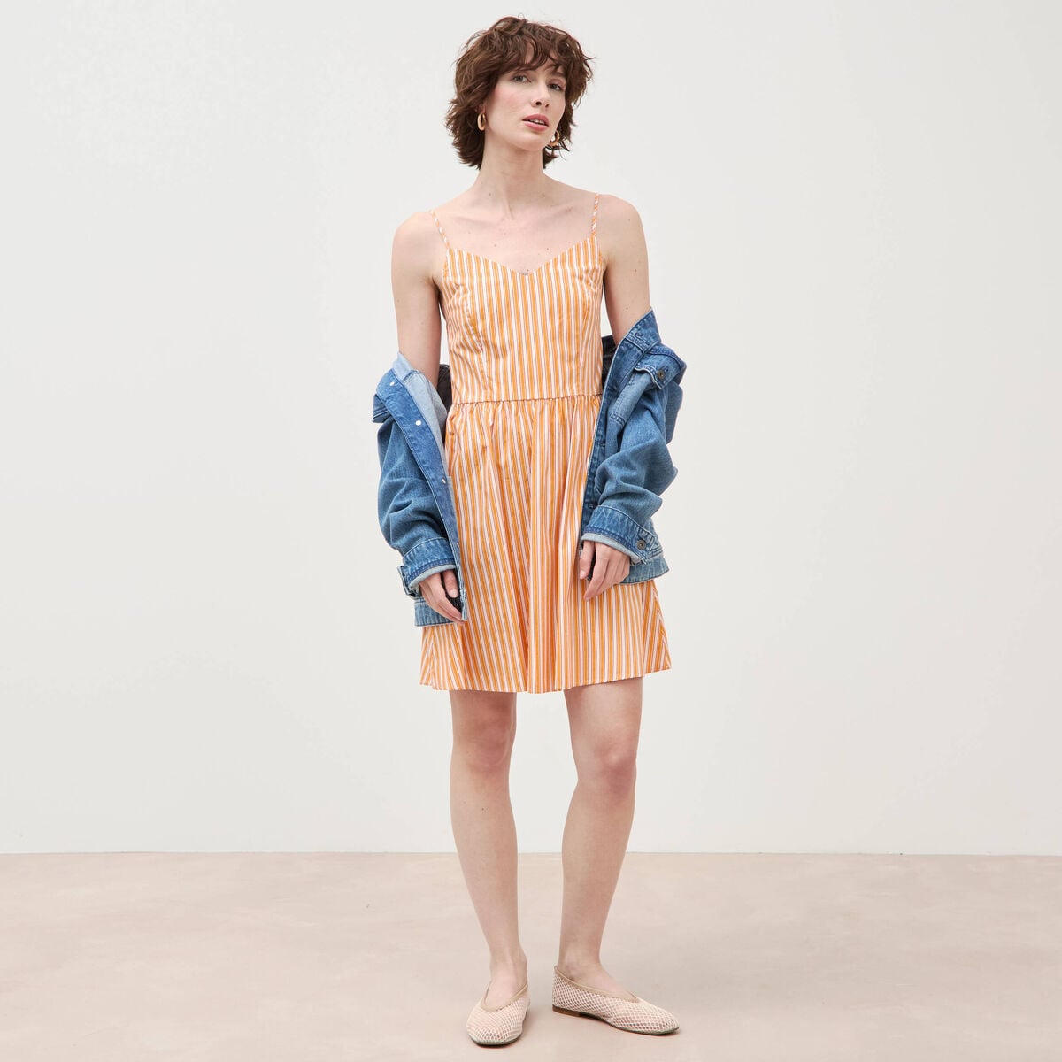 Robe bretelle col c&oelig;ur en coton orange abricot femme