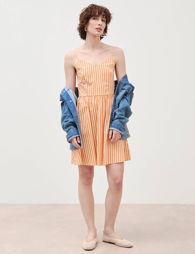 Robe bretelle col c&oelig;ur en coton orange abricot femme