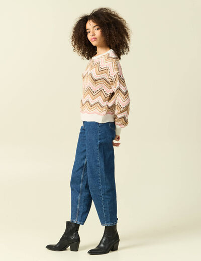 Pull col rond manches longues rose femme
