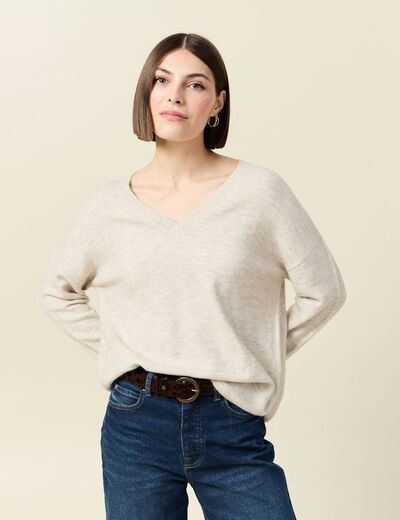 Pull manches longues col en V creme femme