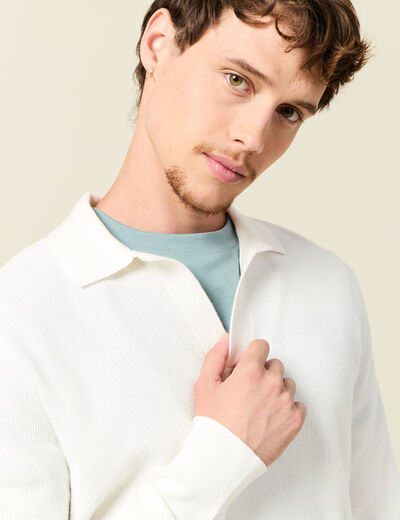 Pull droit col polo manches longues ecru homme