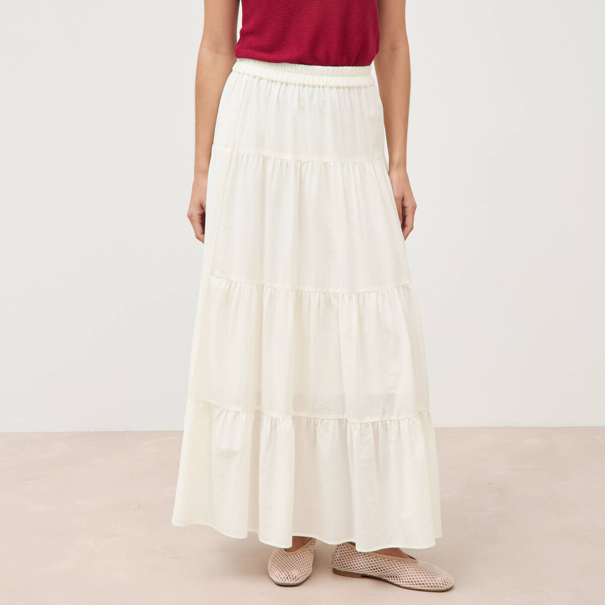 Jupe longue &eacute;vas&eacute;e en coton doubl&eacute;e ecru femme