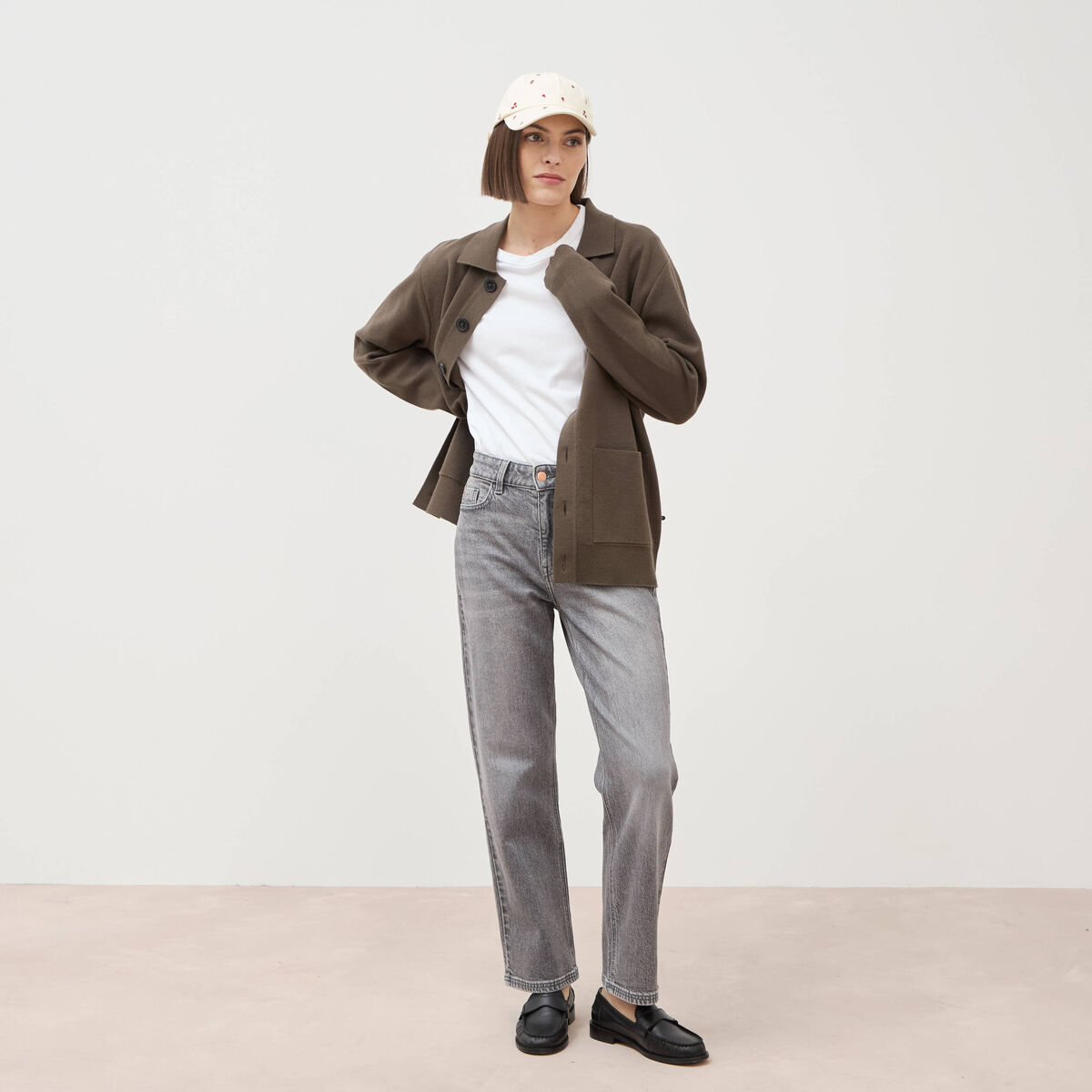 Jeans straight 7/8&egrave;me taille haute denim gris femme