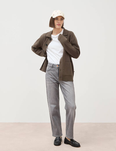 Jeans straight 7/8&egrave;me taille haute denim gris femme