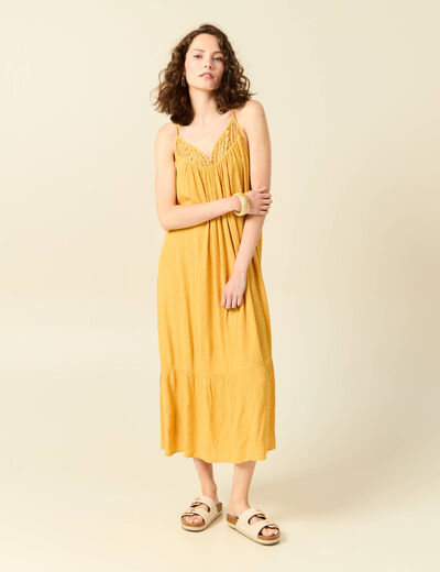 Robe longue évasée fluide jaune femme