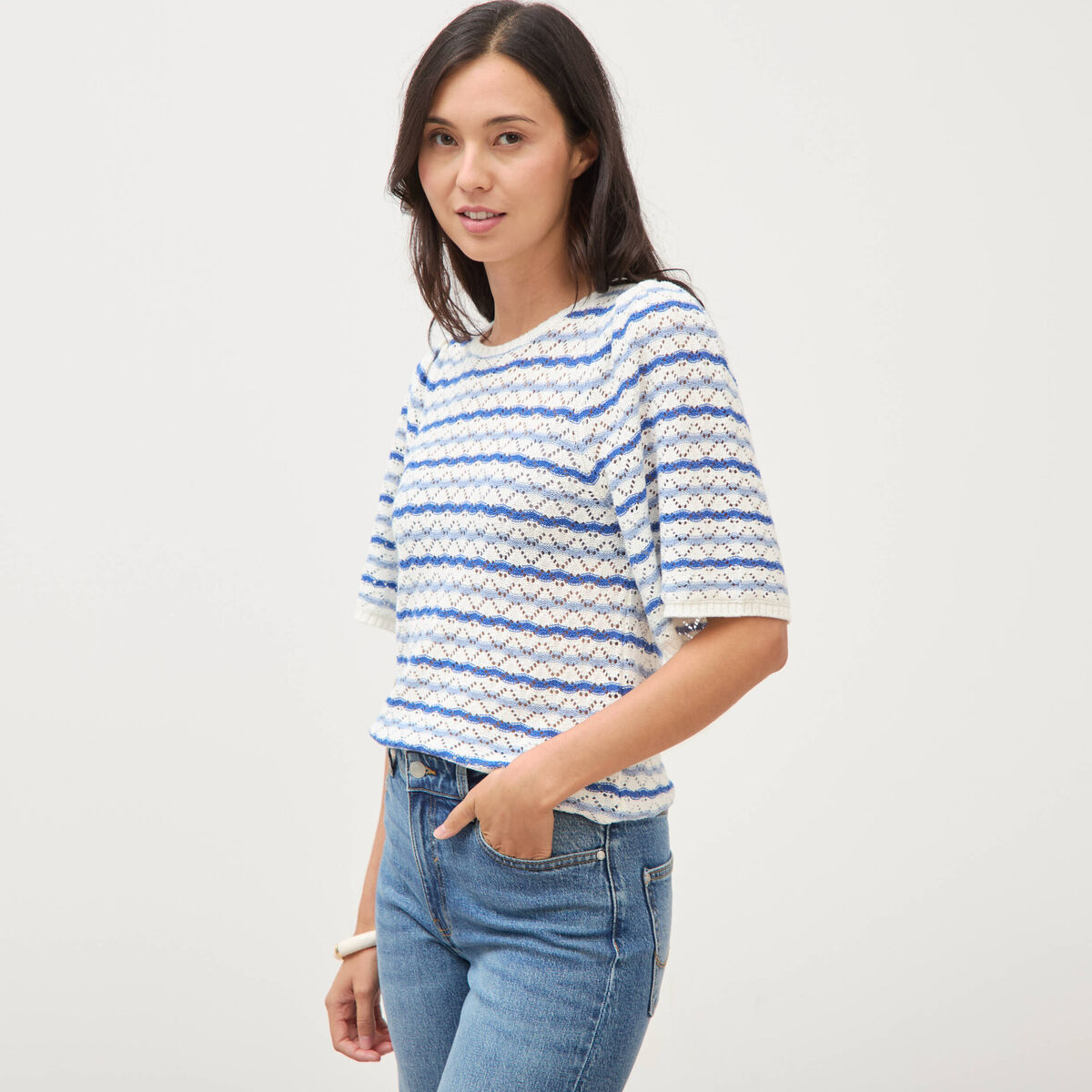 Pull col bateau manches courtes bleu femme