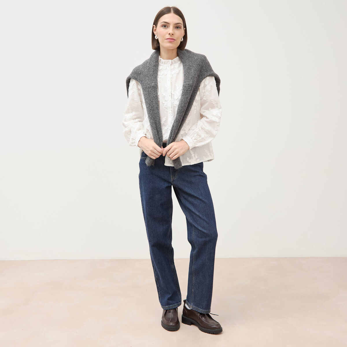 Chemise en coton manches longues ecru femme