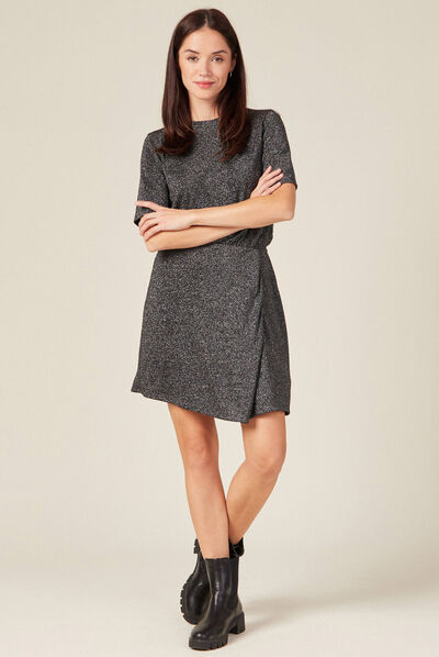 Robe moulante fils métallisés gris foncé femme
