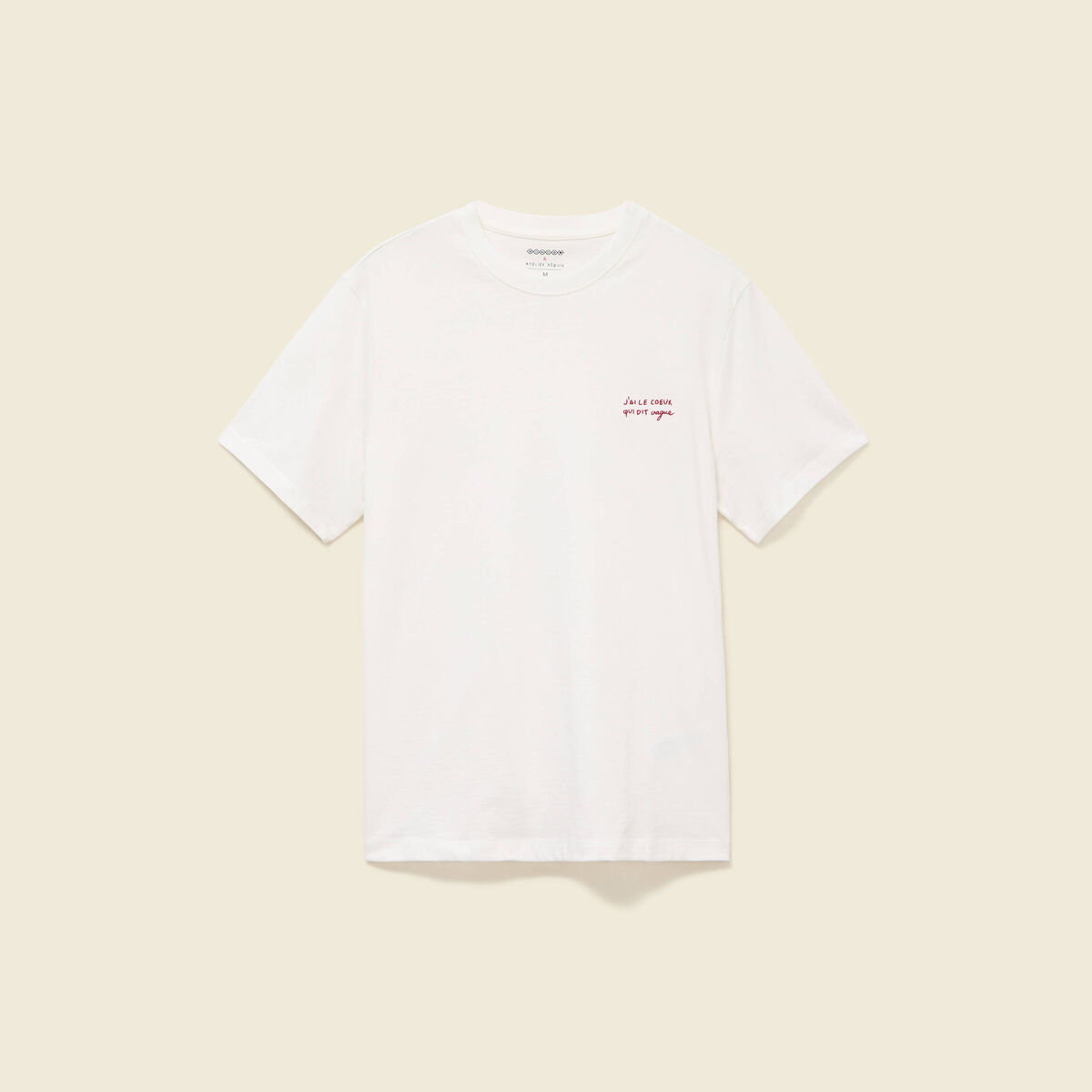 T-shirt col rond manches courtes brod&eacute; ecru homme