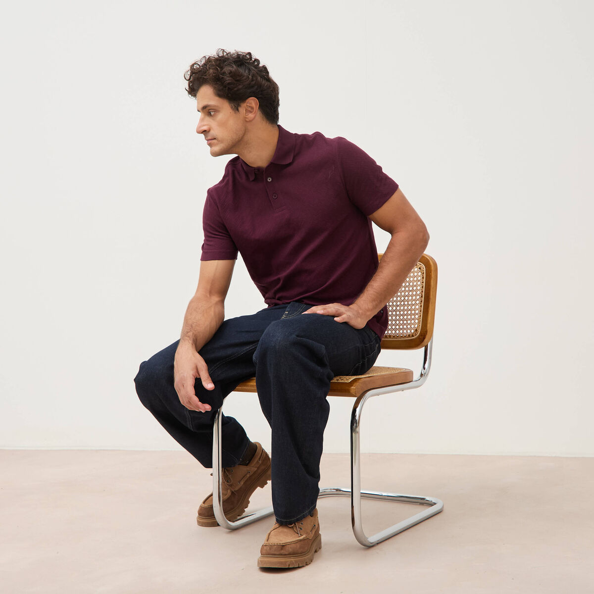 Polo droit en coton manches courtes prune homme