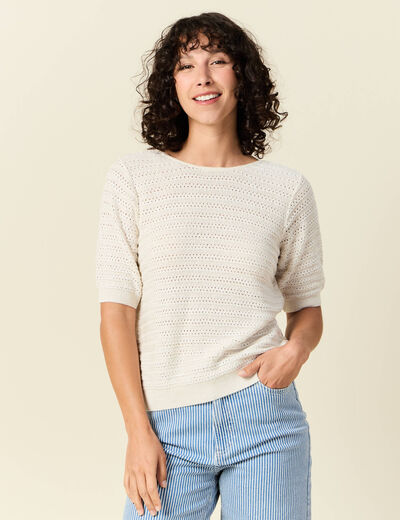 Gilet manches courtes ajouré creme femme