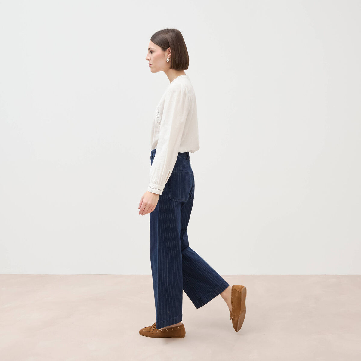 Jeans large cropped taille haute ray&eacute; denim brut femme