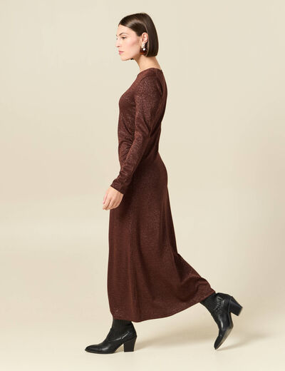 Robe longue ajust&eacute;e manches longues marron femme