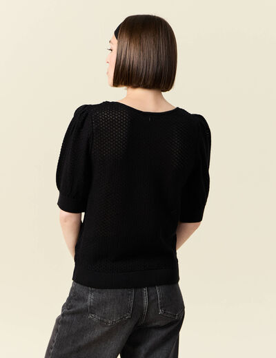 Pull manches courtes ajour&eacute; noir femme