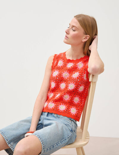 D&eacute;bardeur crochet col rond sans manches orange fonc&eacute; femme