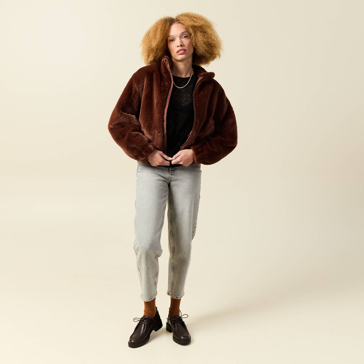 Veste droite courte col montant marron femme