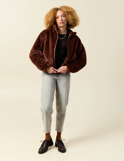 Veste droite courte col montant marron femme