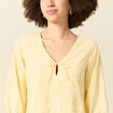 Robe col v manches 3/4 en coton jaune clair femme