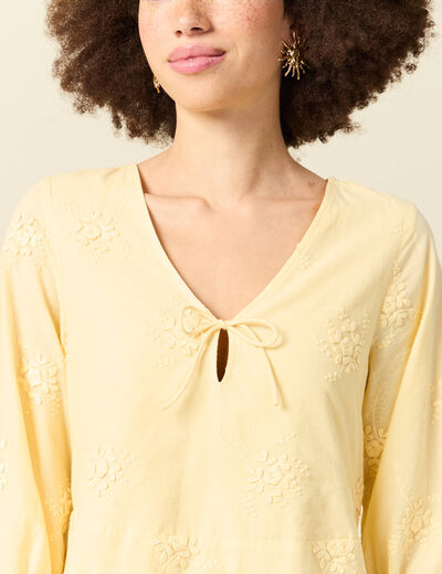 Robe col v manches 3/4 en coton jaune clair femme