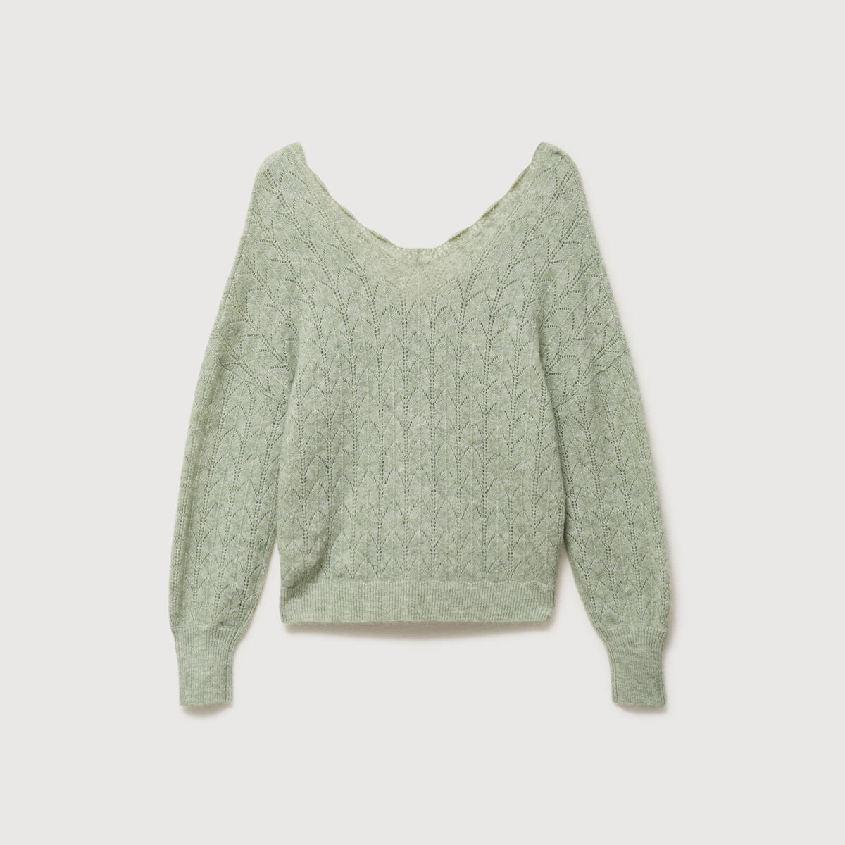 Gilet ajour&eacute; col V manches longues vert pastel femme