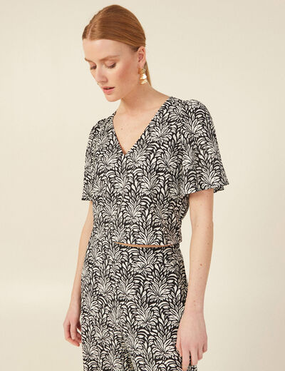 Blouse courte col v manches courtes noir femme